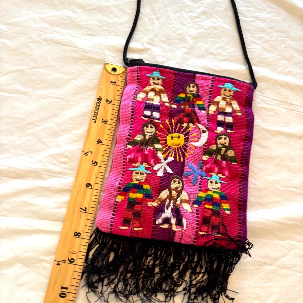 Vintage Crossbody worry dolls embroidered pink handmade in Peru. NWOT - Picture 4 of 11